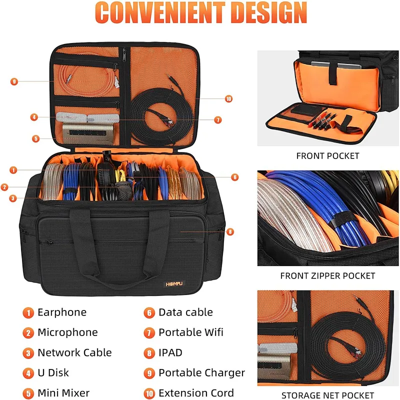 HOMFU DJ bag for equipment DJ cable file bag gig gear bag with Removable Divider DJ Cable organizer Case Travel gear bag for musicians cables accessions equipment